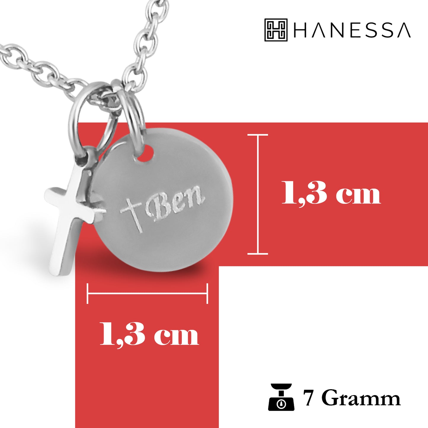 Hanessa Personalisierte Kette mit Gravur Edelstahl 50 cm mit Anhänger Kreuz rund in silber - Personalisierte Halskette für Männer und Frauen - Personalisierter Schmuck Damen Herren