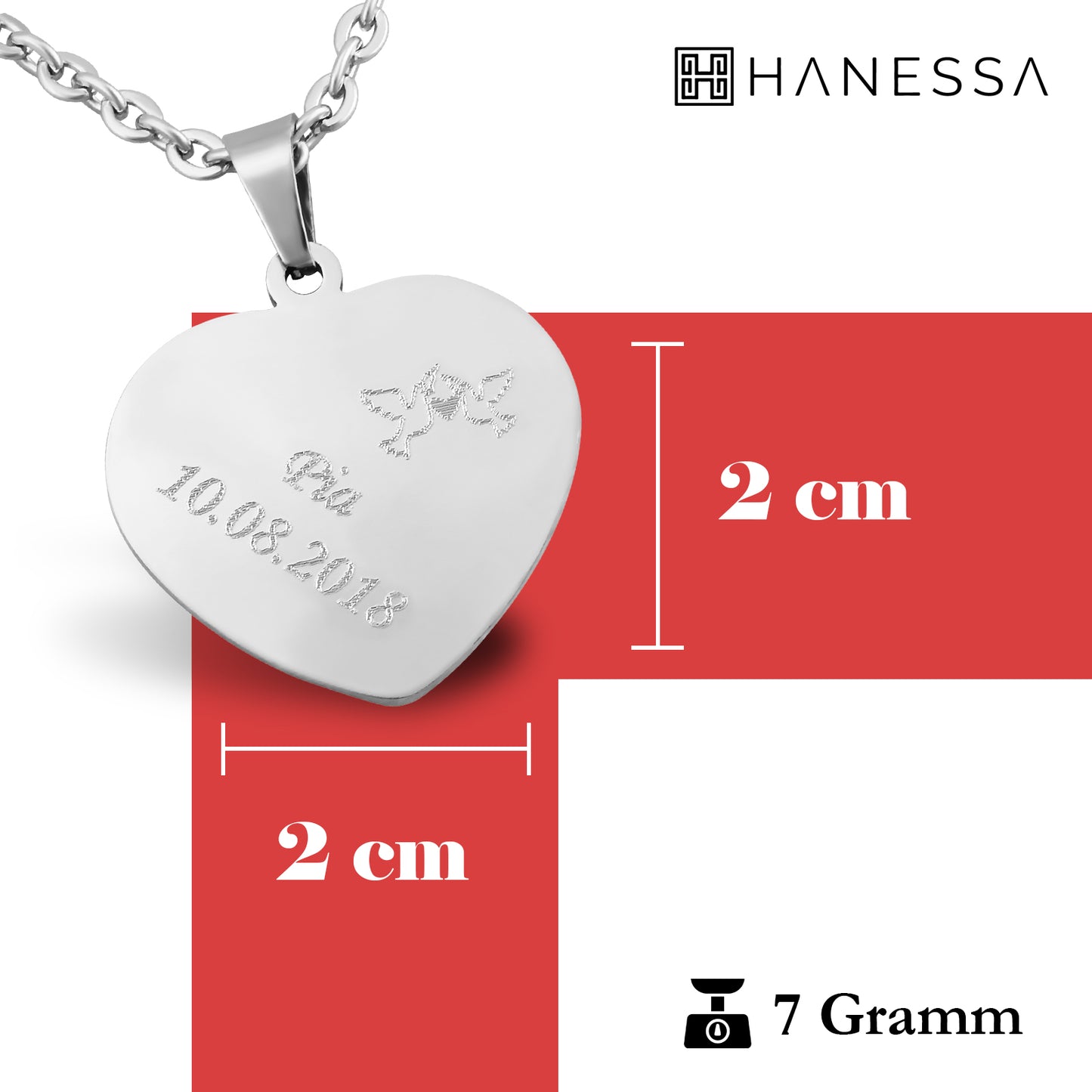 Hanessa Personalisierte Kette mit Gravur Edelstahl 50 cm mit Anhänger Herz in silber - Personalisierte Halskette für Frauen - Personalisierter Schmuck Damen Kettenanhänger