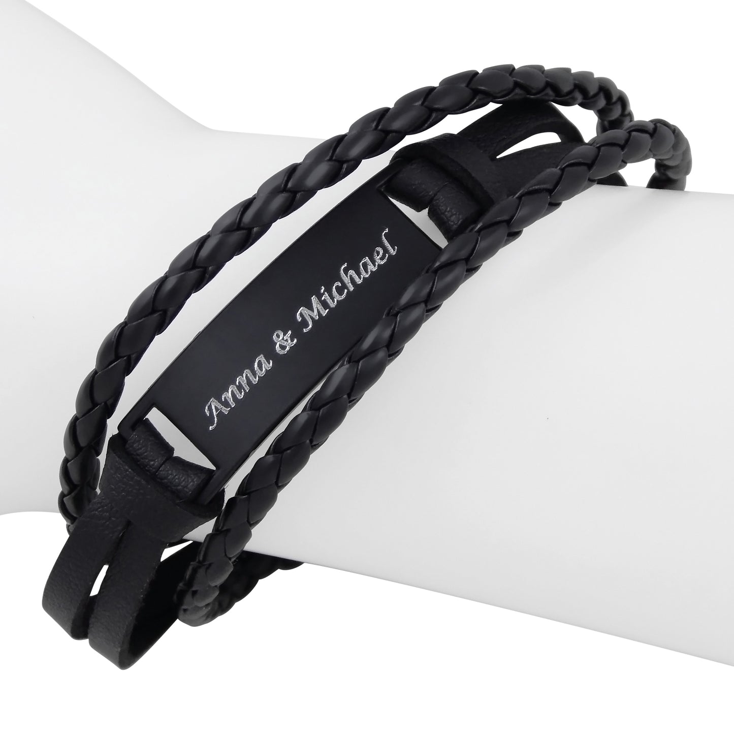 Personalisiertes Armband mit Gravur für Männer und Frauen Edelstahl Leder schwarz silber Länge 21 cm