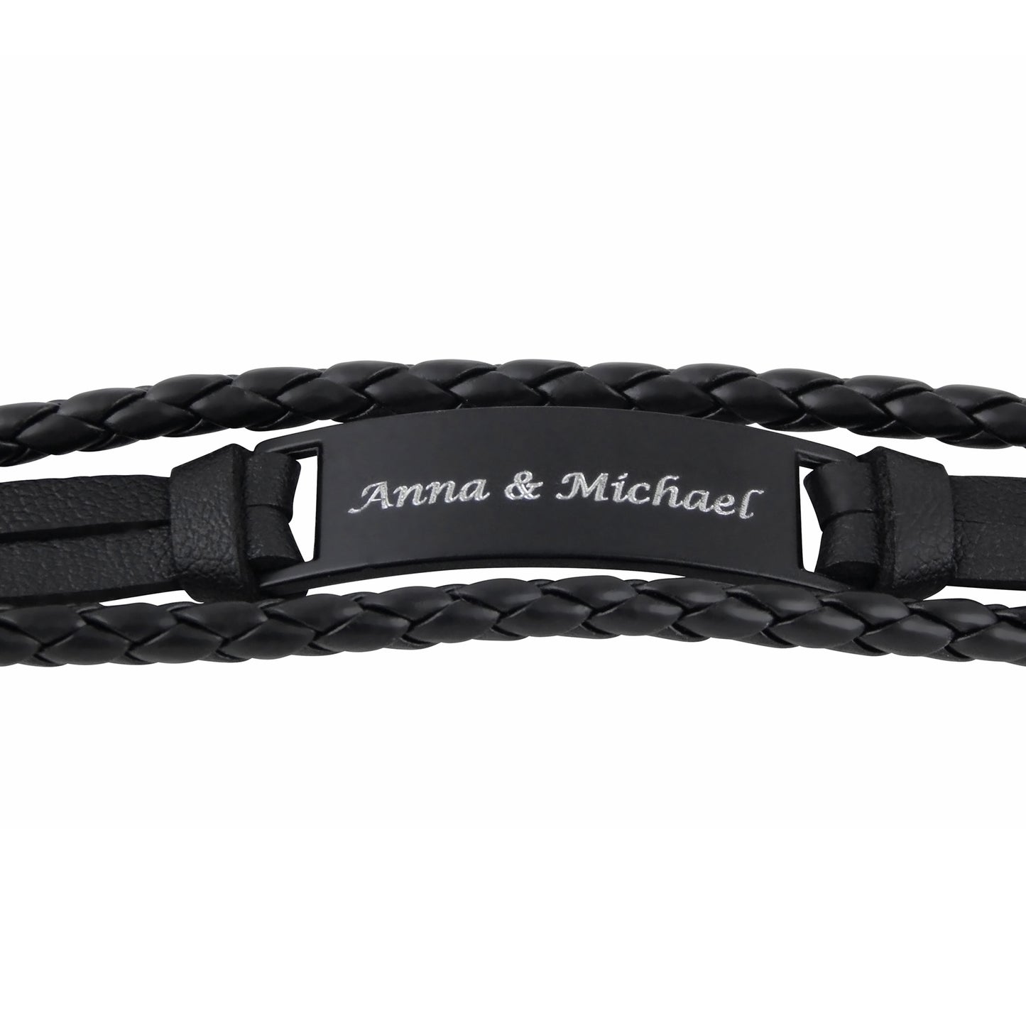 Personalisiertes Armband mit Gravur für Männer und Frauen Edelstahl Leder schwarz silber Länge 21 cm