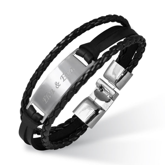 Personalisiertes Armband mit Gravur für Männer und Frauen Edelstahl Kunstleder schwarz silber Länge 21 cm | Personalisierte Armbänder mit Namen Herren Damen