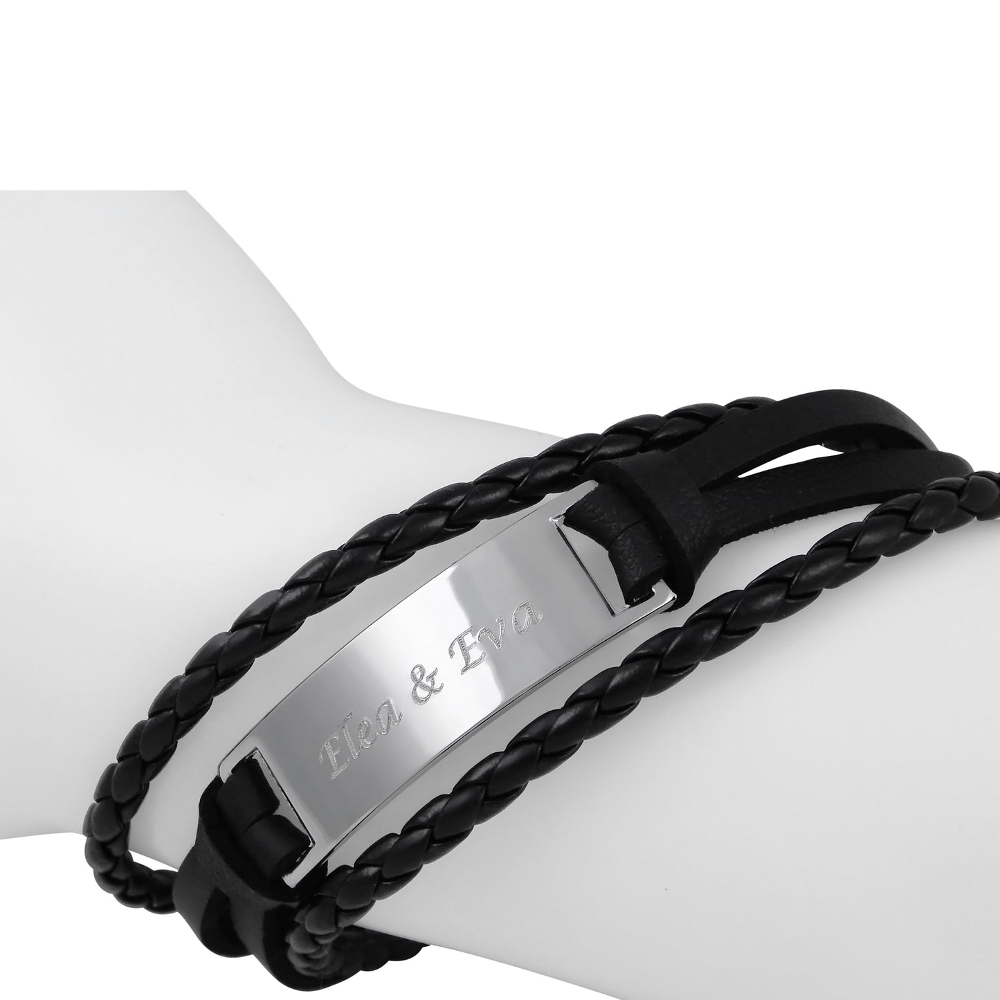 Personalisiertes Armband mit Gravur für Männer und Frauen Edelstahl Kunstleder schwarz silber Länge 21 cm | Personalisierte Armbänder mit Namen Herren Damen