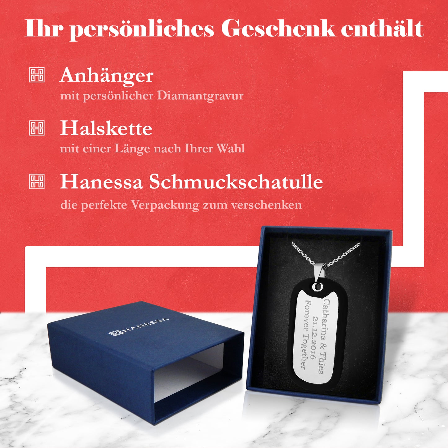 Hanessa Personalisierte Kette mit Gravur Edelstahl 50 cm mit Anhänger Dog Tag Erkennungsmarke in silber - Personalisierte Halskette für Männer und Frauen - Personalisierter Schmuck Damen Herren