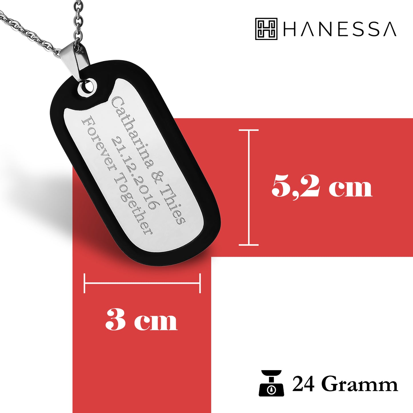 Hanessa Personalisierte Kette mit Gravur Edelstahl 50 cm mit Anhänger Dog Tag Erkennungsmarke in silber - Personalisierte Halskette für Männer und Frauen - Personalisierter Schmuck Damen Herren