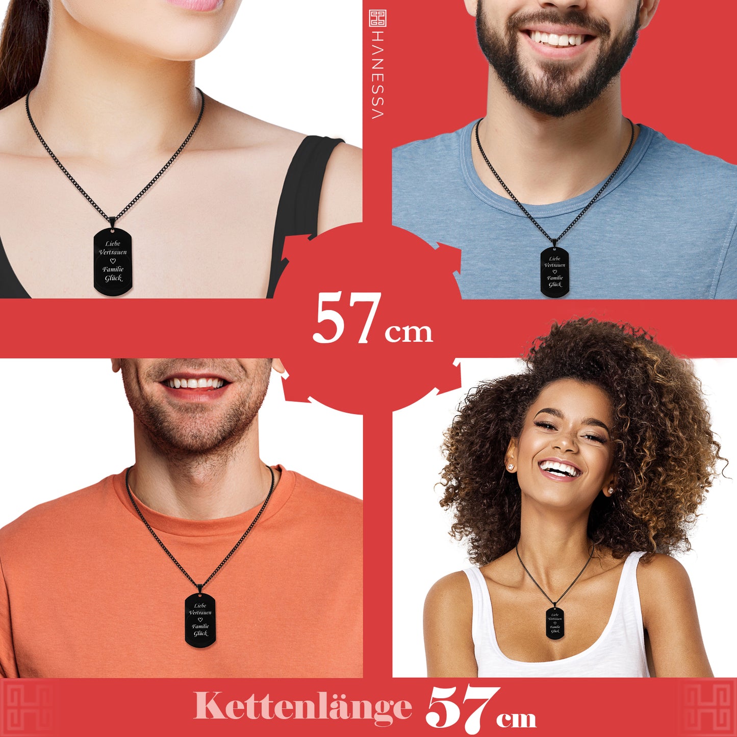 Hanessa Personalisierte Kette mit Gravur Edelstahl 57 cm mit Anhänger Dog Tag in schwarz - Personalisierte Halskette für Männer und Frauen - Personalisierter Schmuck Damen Herren