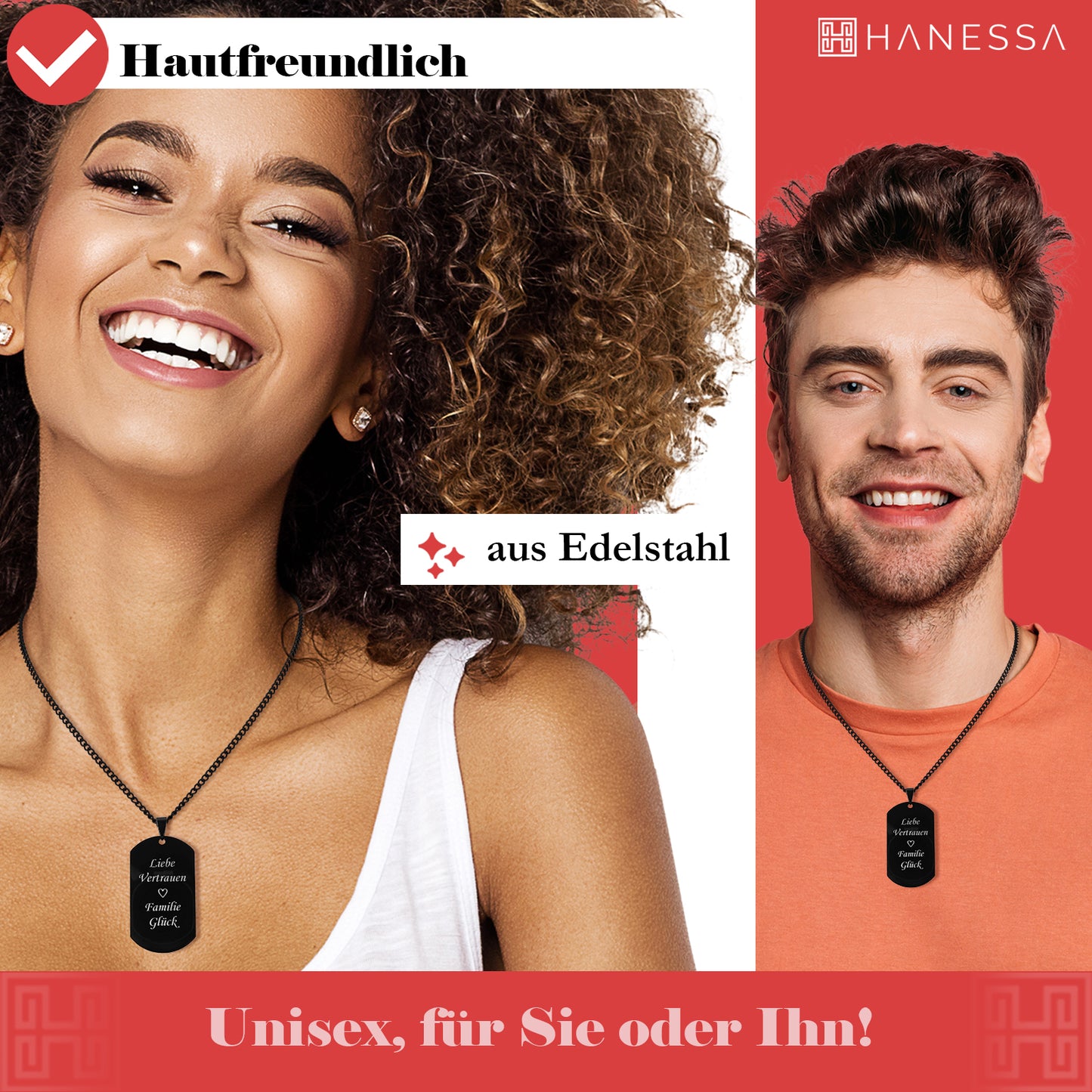 Hanessa Personalisierte Kette mit Gravur Edelstahl 57 cm mit Anhänger Dog Tag in schwarz - Personalisierte Halskette für Männer und Frauen - Personalisierter Schmuck Damen Herren