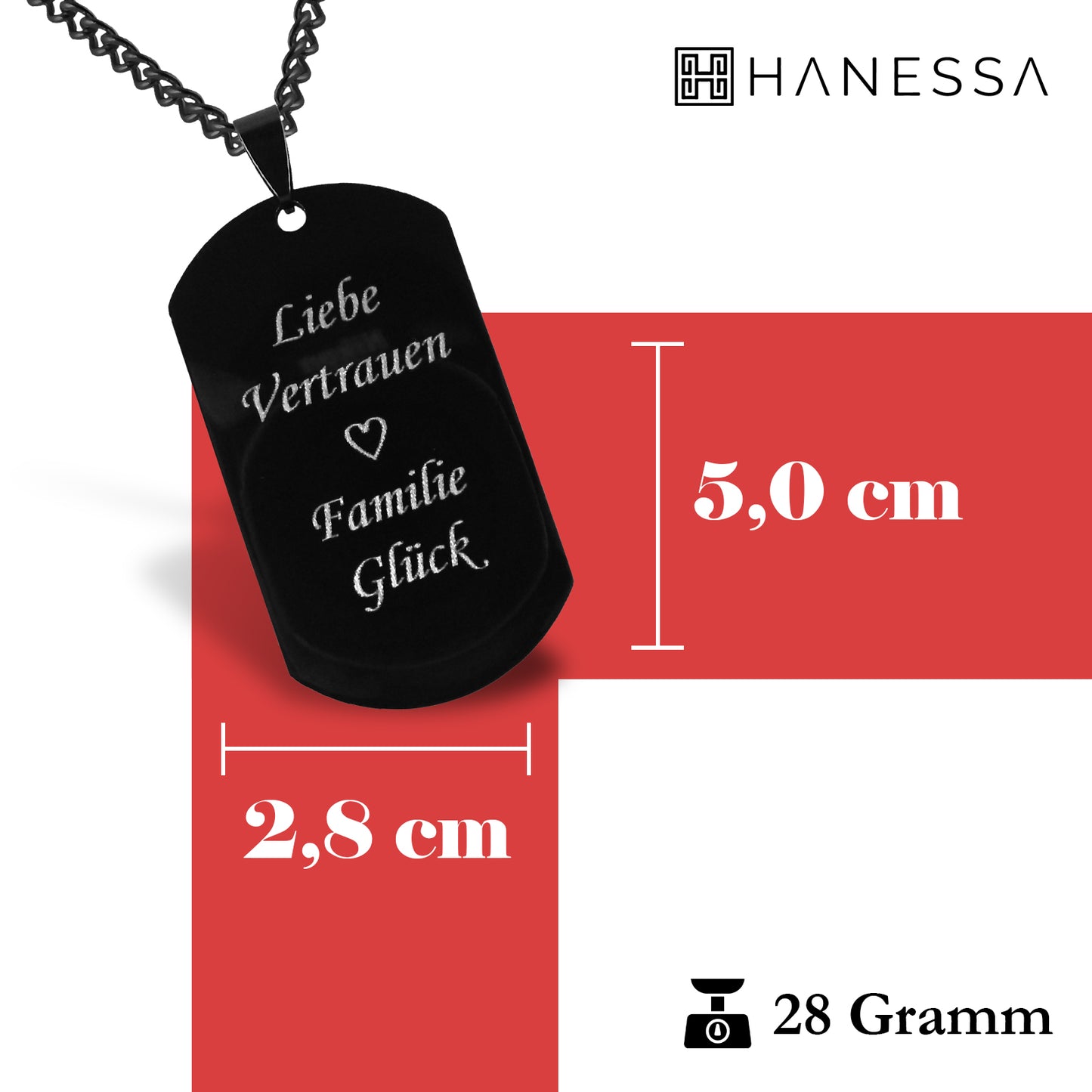 Hanessa Personalisierte Kette mit Gravur Edelstahl 57 cm mit Anhänger Dog Tag in schwarz - Personalisierte Halskette für Männer und Frauen - Personalisierter Schmuck Damen Herren