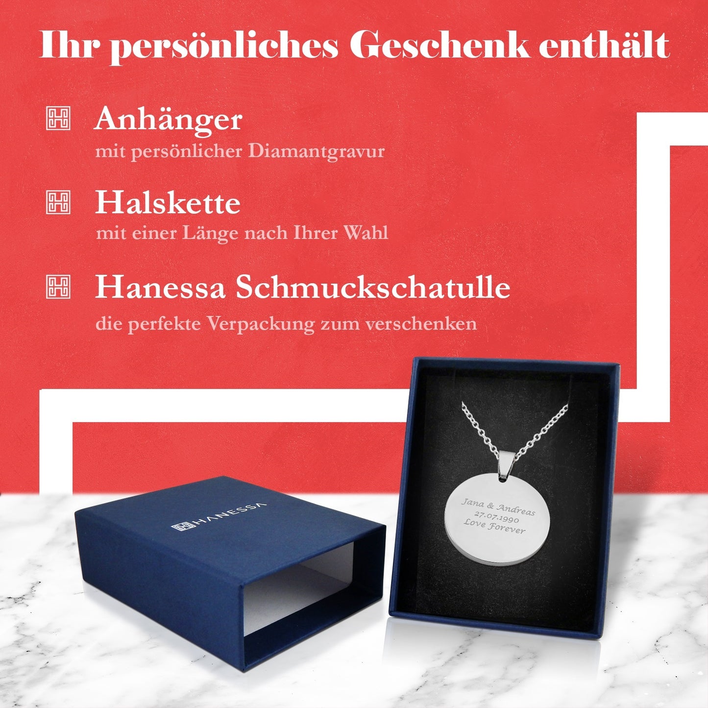 Personalisierte Kette mit Gravur Edelstahl 50 cm mit Anhänger rund in schwarz gold