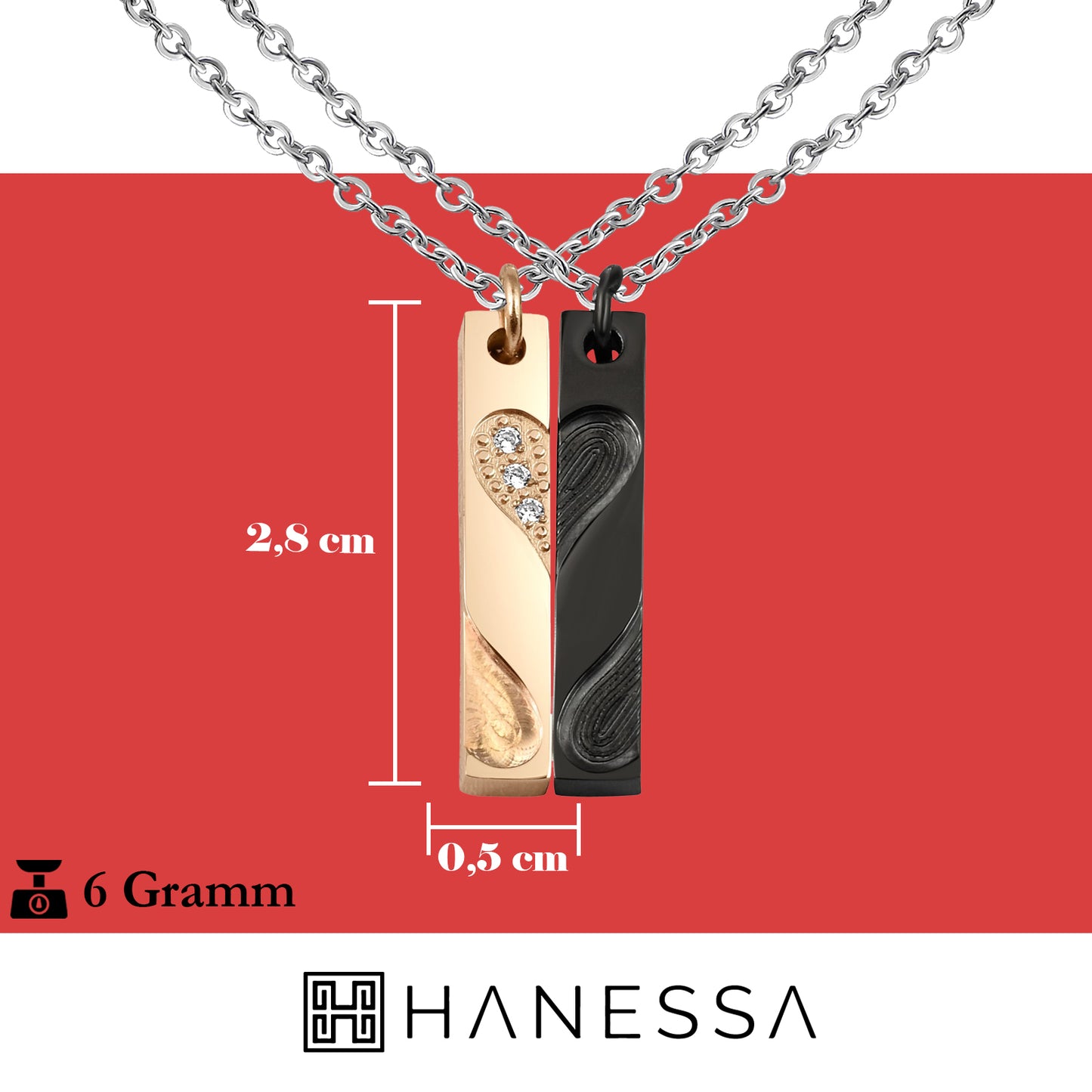 Hanessa 2 Stück Personalisierte Ketten mit Gravur Edelstahl 45 - 60 cm mit Herz-hälften in schwarz gold- Halsketten für Männer Frauen - Personalisierter Schmuck Paare Damen Herren - Partner Halsketten