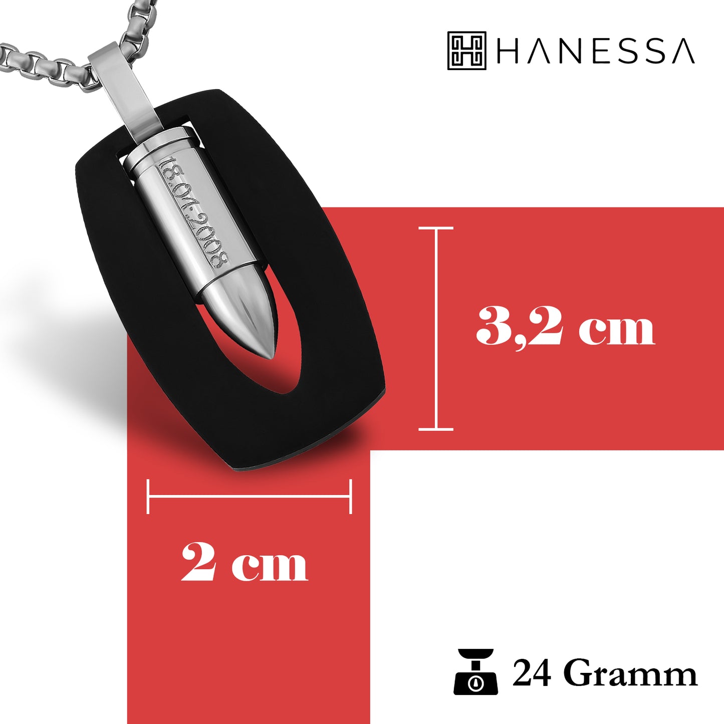 Hanessa Personalisierte Kette mit Gravur Edelstahl 50 cm mit Anhänger "Pistolen Kugel " Patrone in silber schwarz - Personalisierte Halskette für Männer Frauen - Personalisierter Schmuck Damen Herren