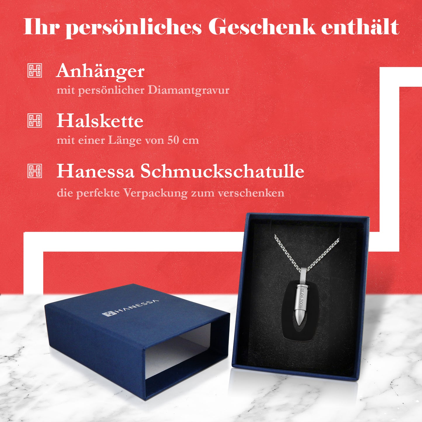 Hanessa Personalisierte Kette mit Gravur Edelstahl 50 cm mit Anhänger "Pistolen Kugel " Patrone in silber schwarz - Personalisierte Halskette für Männer Frauen - Personalisierter Schmuck Damen Herren