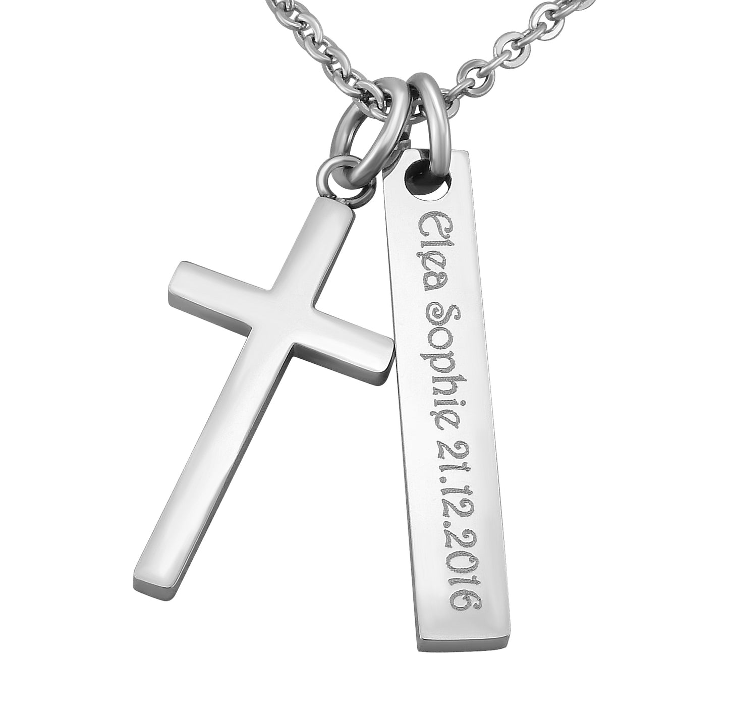 Personalisierte Kette mit Gravur Edelstahl 50 cm mit Anhänger Kreuz Rechteck in silber