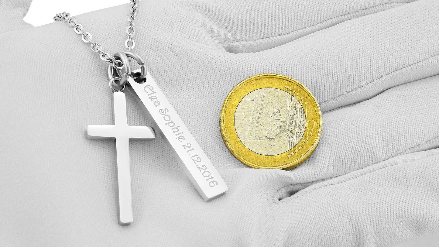 Personalisierte Kette mit Gravur Edelstahl 50 cm mit Anhänger Kreuz Rechteck in silber