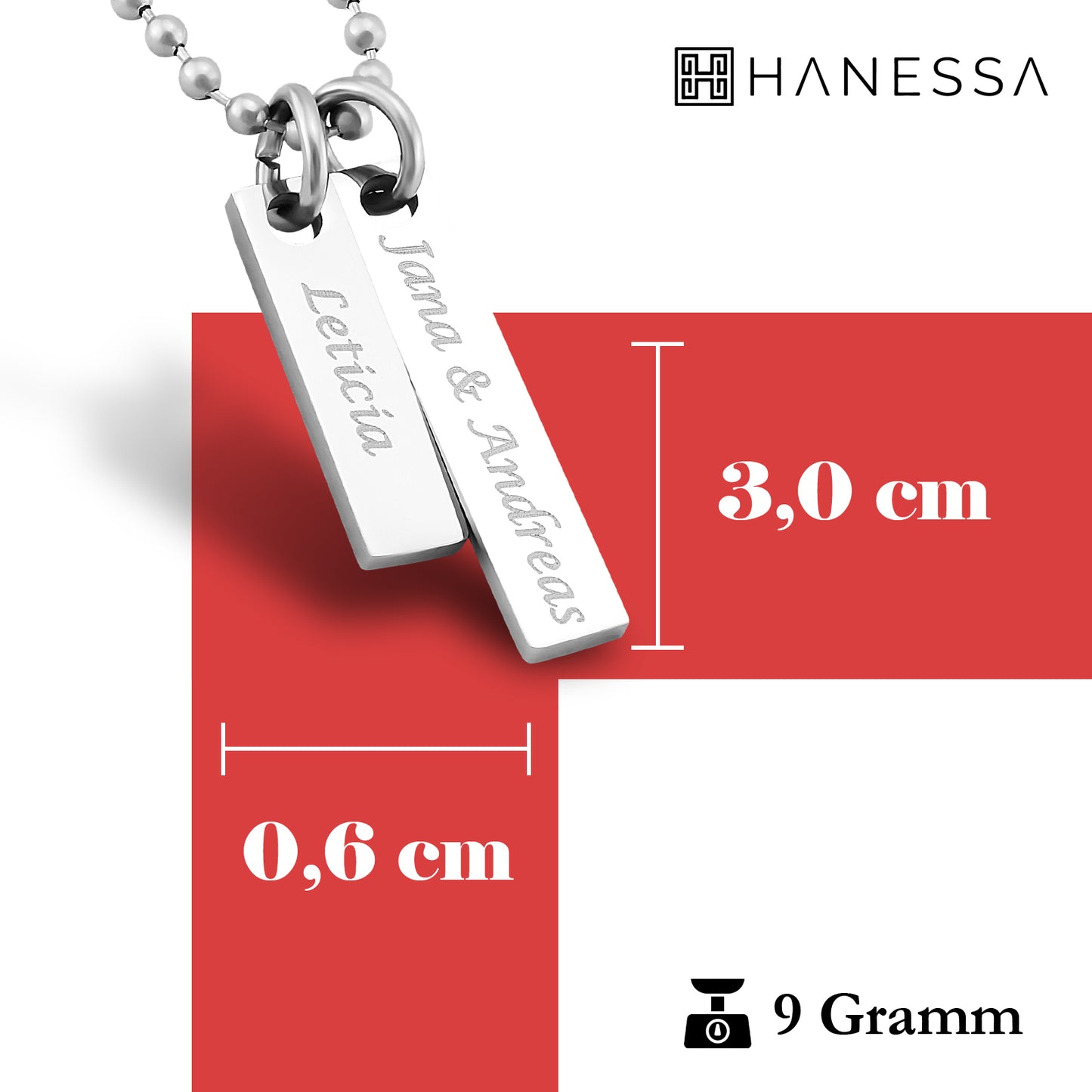 Hanessa Personalisierte Kette mit Gravur Edelstahl 50 cm mit Anhänger Rechteck 2 Gravurplatten in silber - Personalisierte Halskette für Männer und Frauen - Personalisierter Schmuck Damen Herren