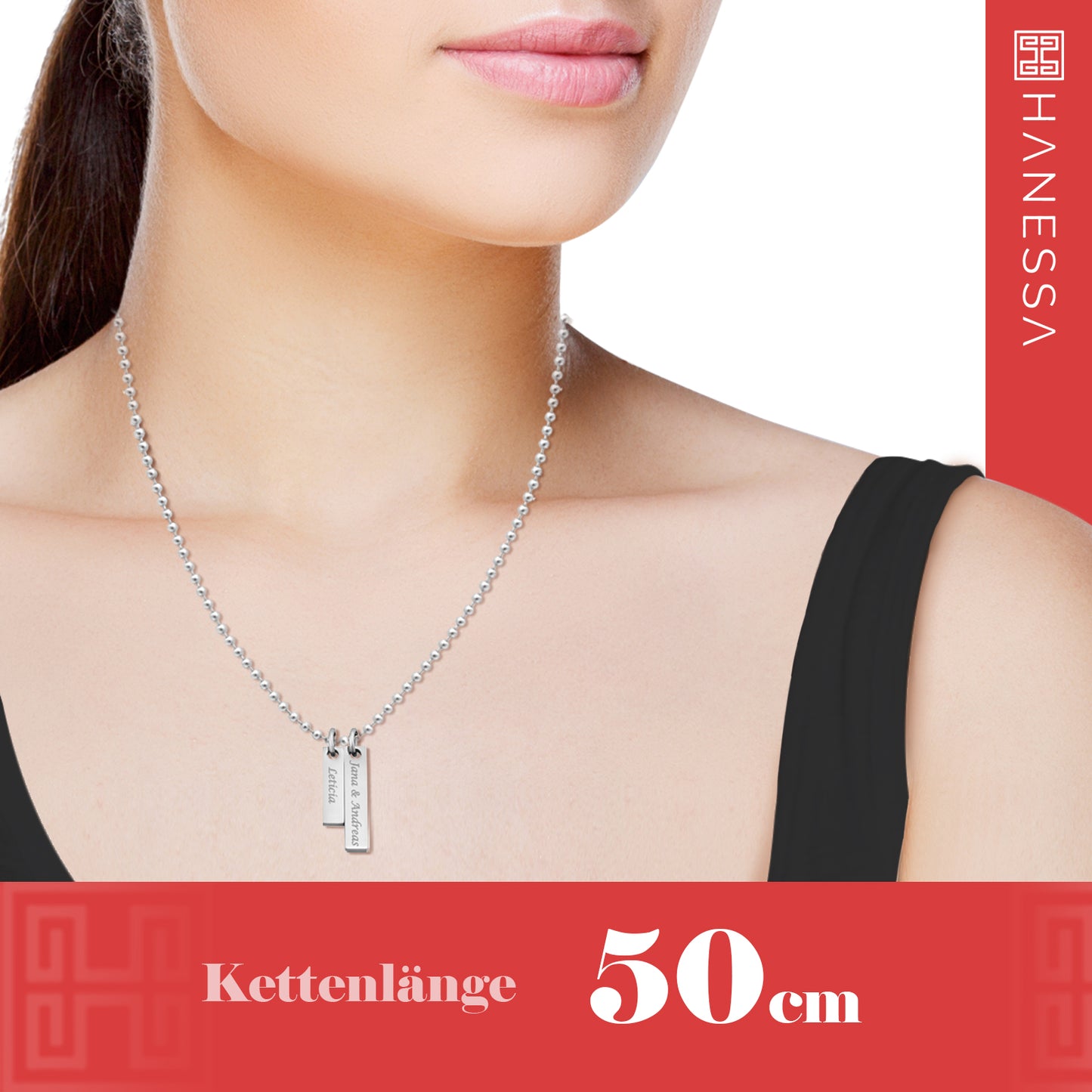 Hanessa Personalisierte Kette mit Gravur Edelstahl 50 cm mit Anhänger Rechteck 2 Gravurplatten in silber - Personalisierte Halskette für Männer und Frauen - Personalisierter Schmuck Damen Herren