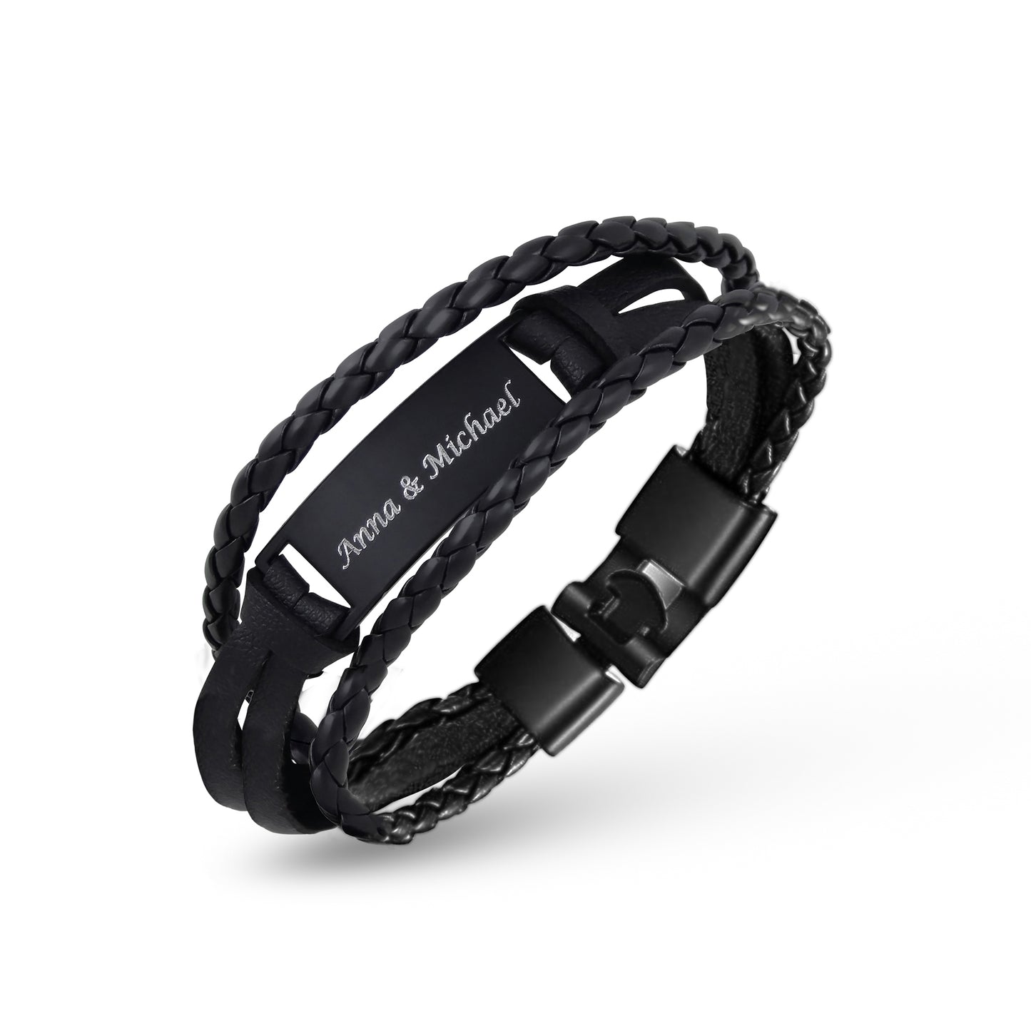 Personalisiertes Armband mit Gravur für Männer und Frauen Edelstahl Leder schwarz silber Länge 21 cm